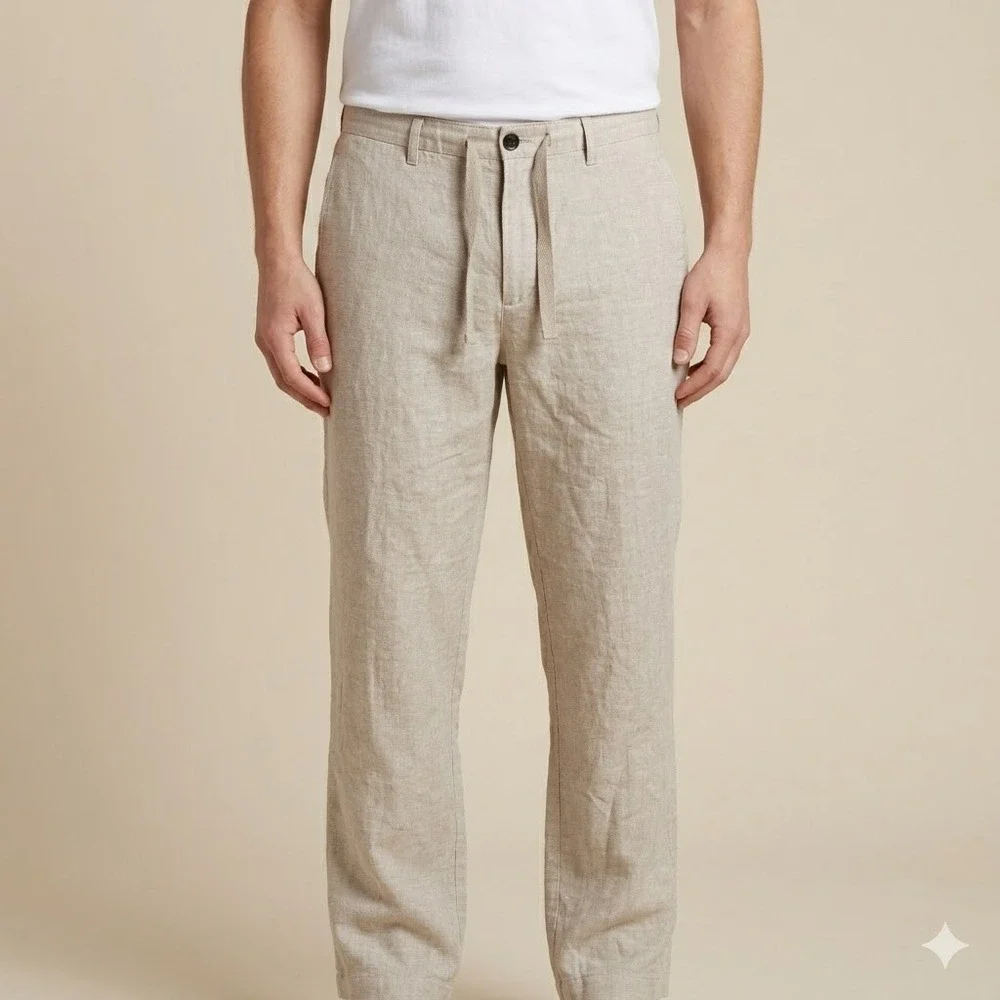 Perry Ellis Linen Blend‎ Flat Front Drawstring Casual Pants 36x30 Beige